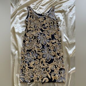 Vintage 1990s Blue & Yellow Beaded Silk Pearl Gatsby Party Dress Size 6